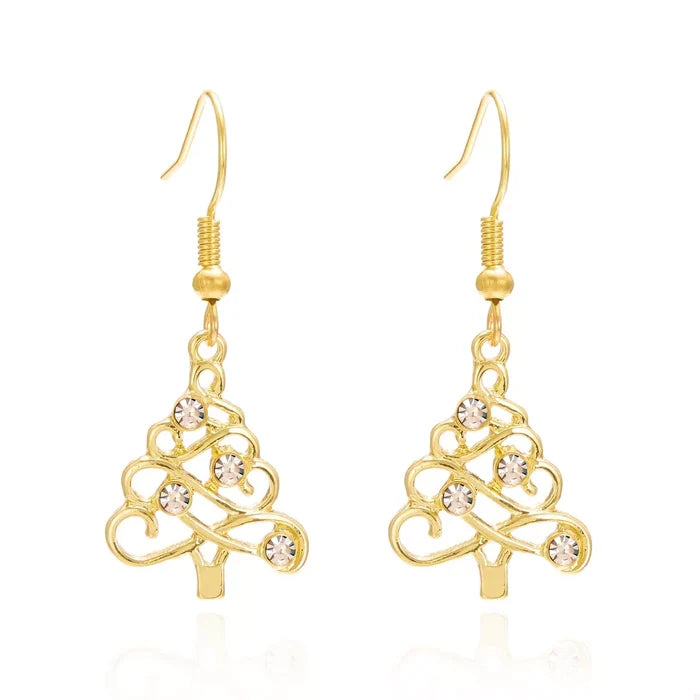 18K Gold-Plated Rhinestone Christmas Tree Dangle Earrings