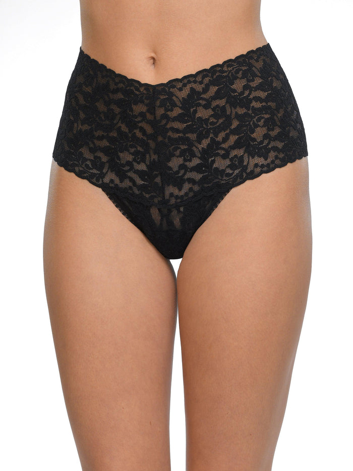 3 Pack Retro Lace Thong in Black - On Model Front View, High Rise Lace Thong | Hanky Panky