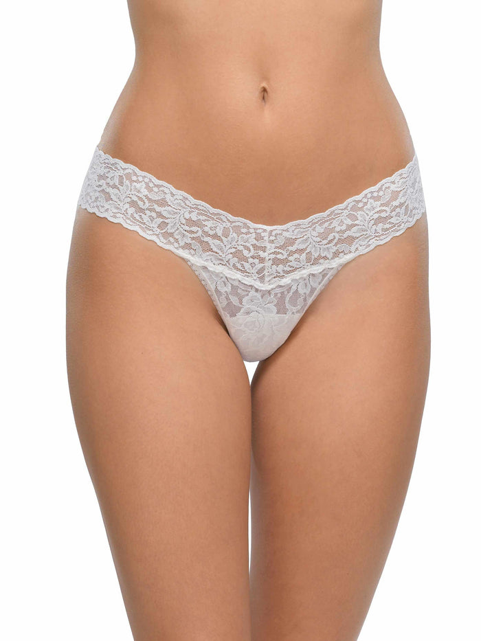 White Signature Lace® Low Rise Thong - On Model Front View, Comfortable Lace Bralette | Hanky Panky