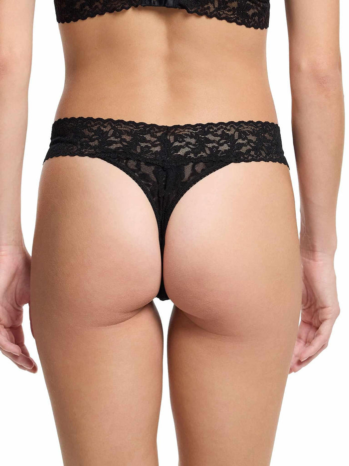 Black Signature Lace® Original Rise Thong - On Model Back View, No Panty Lines Lace Thong | Hanky Panky