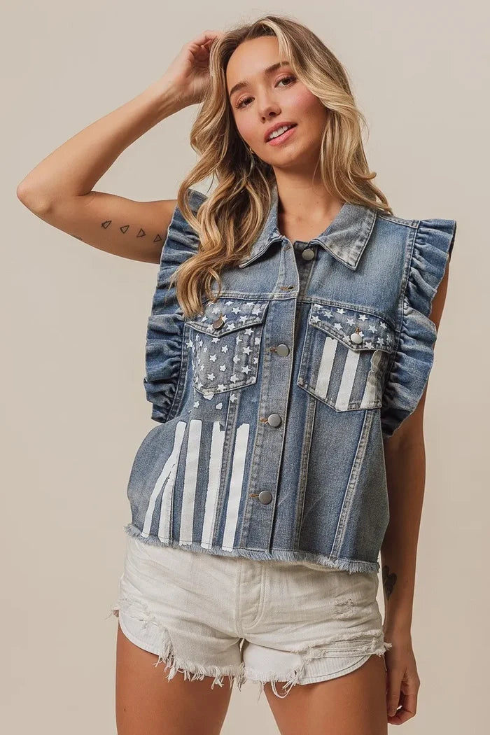BiBi American Flag Washed Denim Jacket
