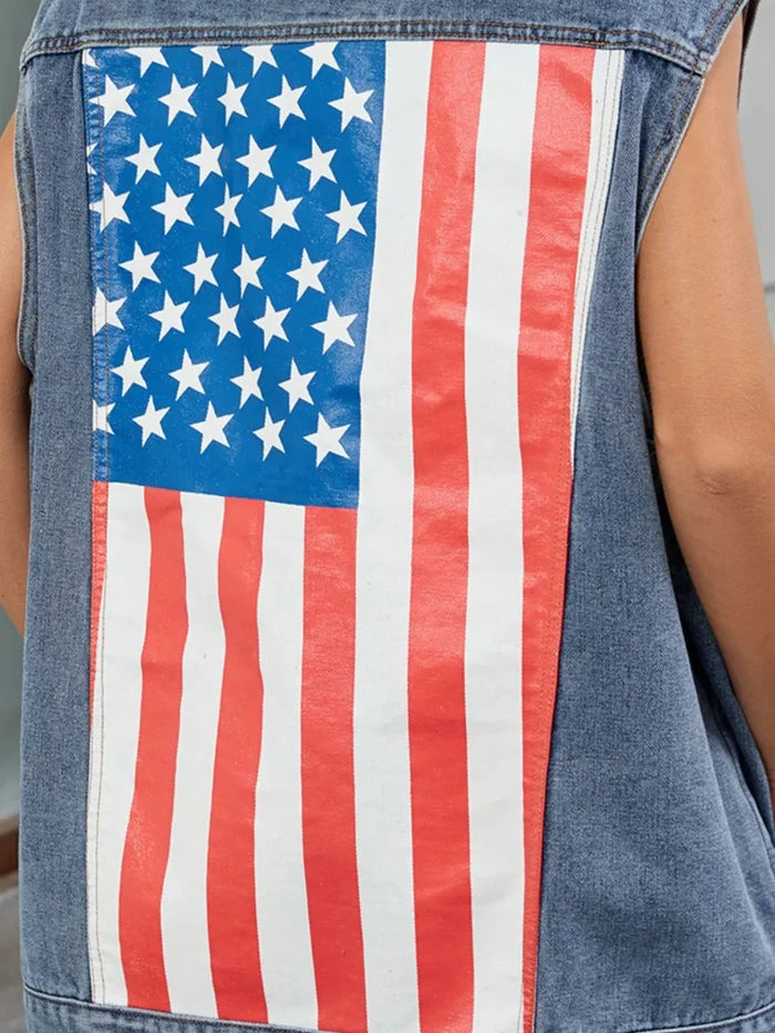 Button Down US Flag Denim Vest