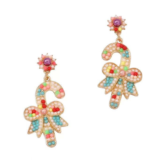 Christmas Candy Cane Bow Drop Earrings
