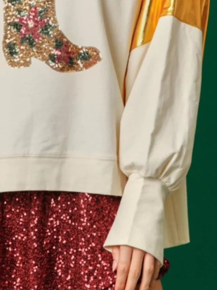 Christmas Sequin Boot Long Sleeve Sweatshirt