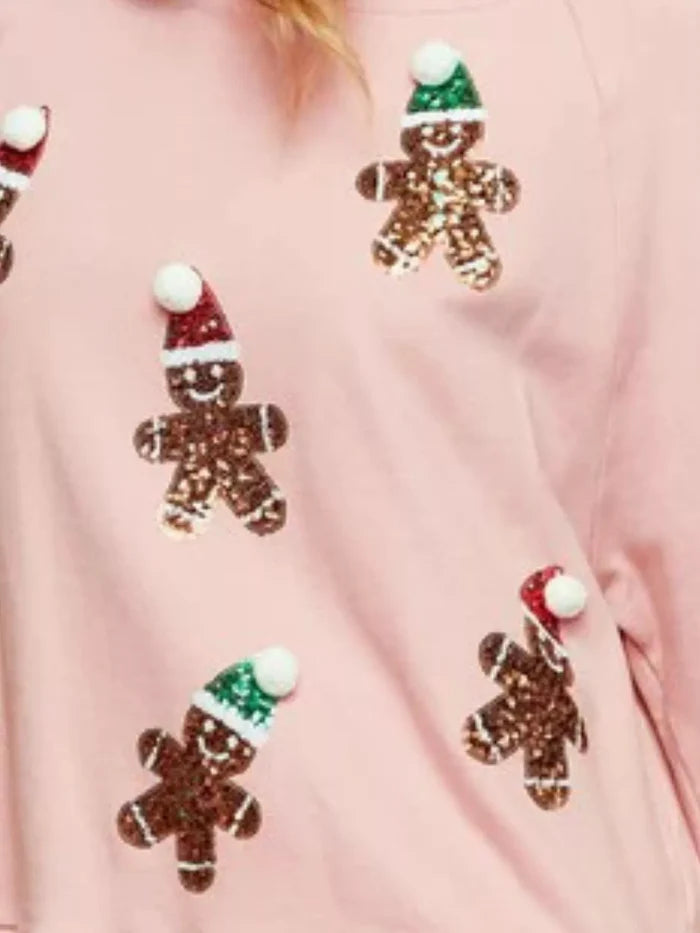Christmas Sequin Gingerbread Round Neck Sweatshirt