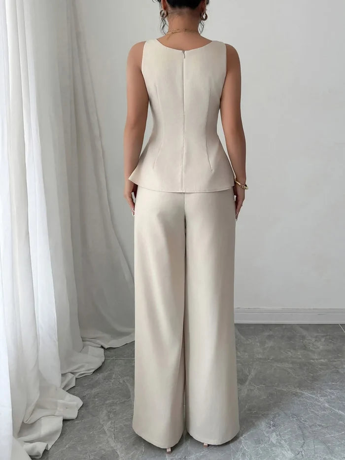 Contrast Piping Top and Wide Leg Pants Set
