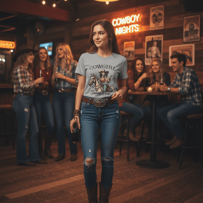 Cheeky Business Cowgirl Social Club t-shirt product lifestyle image
