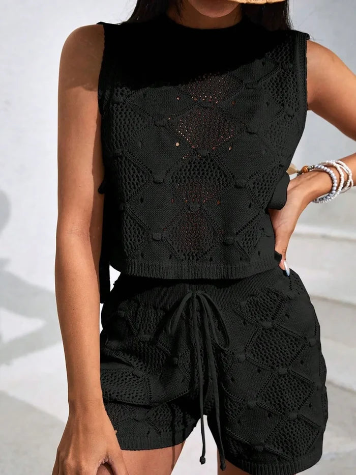 Diamond Pattern Sleeveless Top and Shorts Knit Set