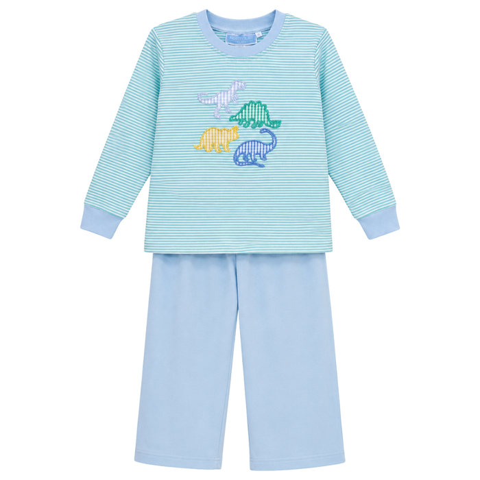 Boys blue striped long sleeve shirt with dinosaur appliqué paired with solid blue pants, soft and comfortable two-piece set.
