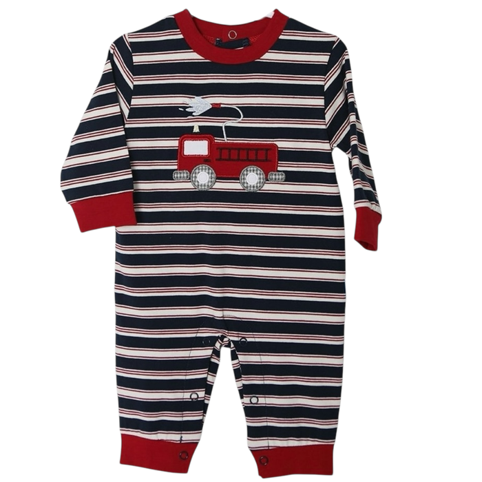 Baby boy striped romper with red firetruck appliqué and snap closure