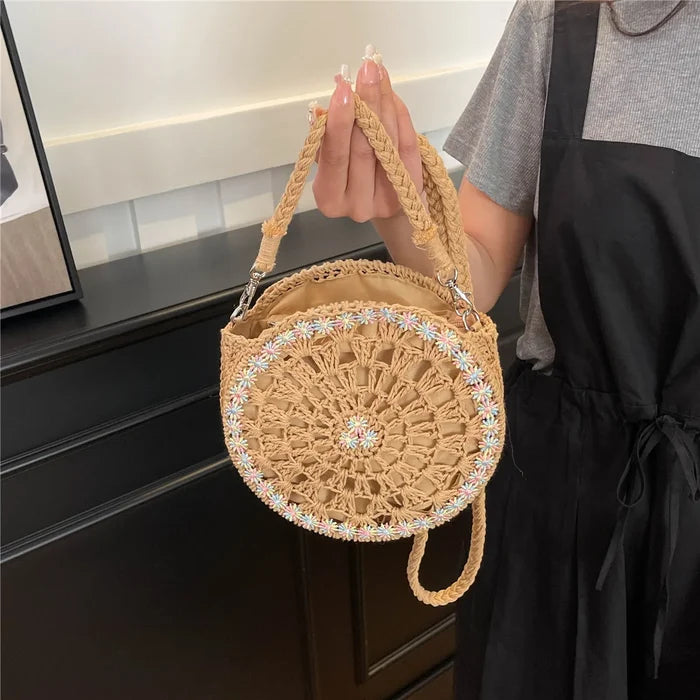 Handmade Round Crochet Straw Handbag