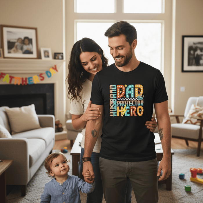 husband dad protector hero t-shirt gift packaging presentation