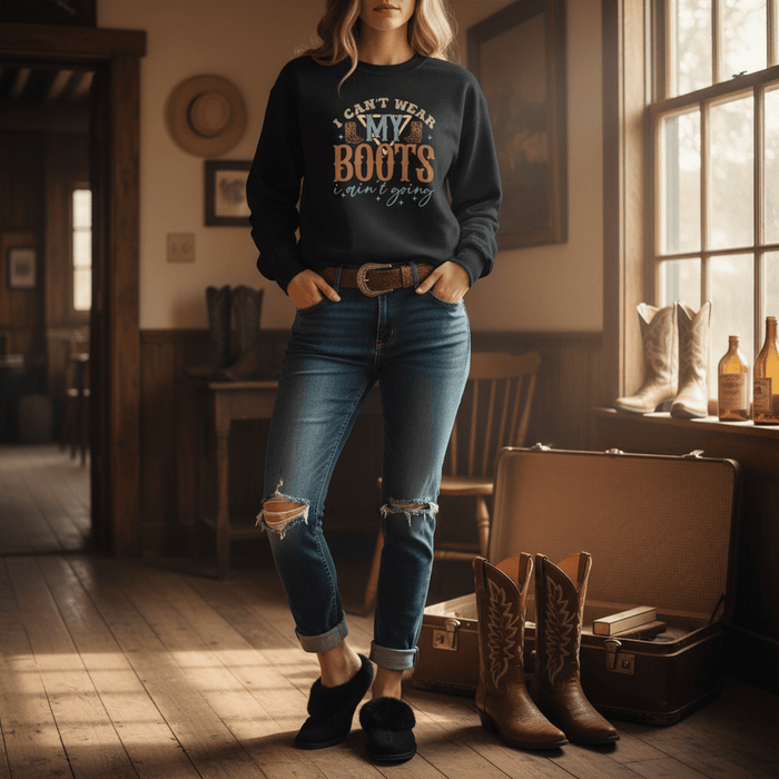 dark heather sweatshirt with I Can't Wear My Boots I Ain't Going graphic print