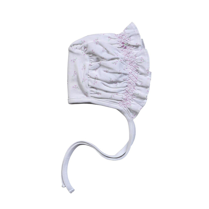 White pima smocked bonnet with soft purple flowers