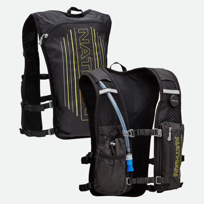 color:Black/High Vis Yellow||seo:Nathan Laser Light 3L Hydration Pack – Black/High Vis Yellow - Front & Back of Pack