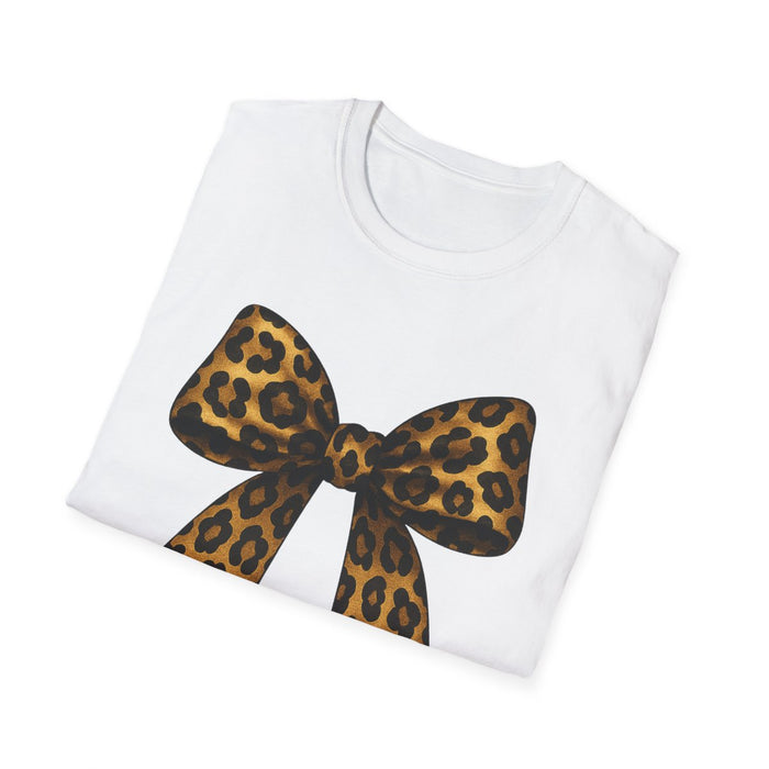 light blue t-shirt with leopard bow design styled for casual wear