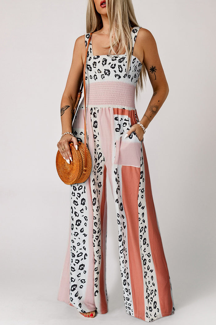 Leopard Color Block Smocked Pocketed Sleeveless Jumpsuit