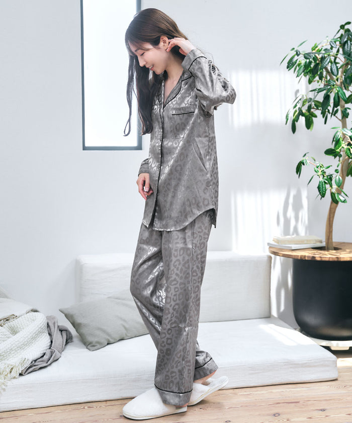Leopard Satin Long Sleeve Pajama Set