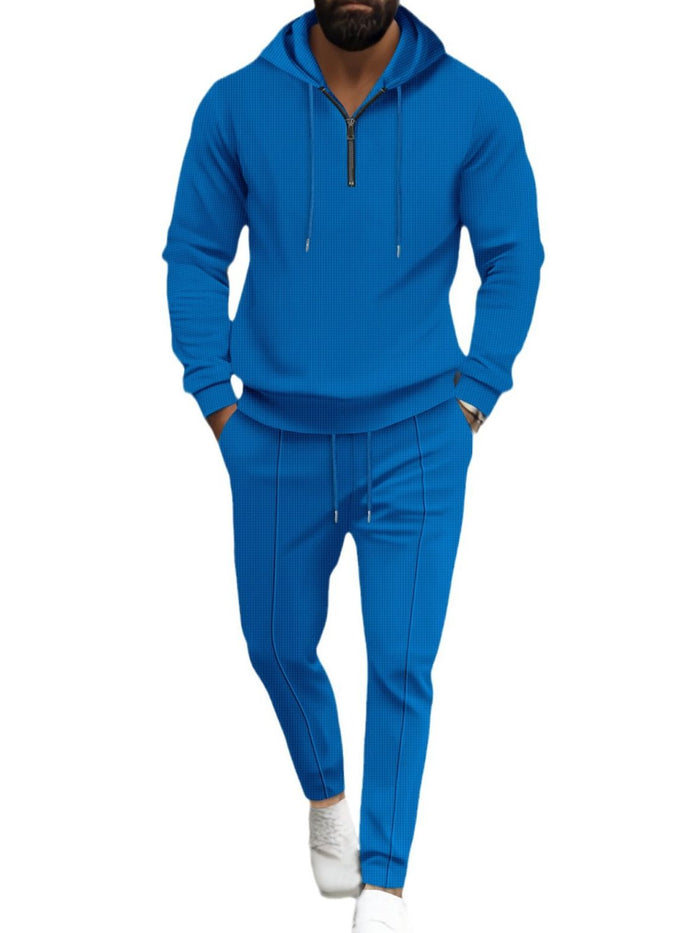 Men's Full Size Waffle-Knit Half Zipper Hoodie and Pants Set Plus Size for Comfort