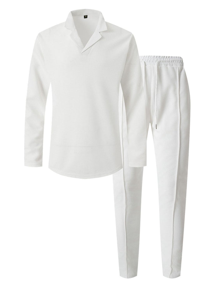 Men's Full Size Waffle-Knit Long Sleeve Top and Pants Set Plus Size Comfort for Every Occasion