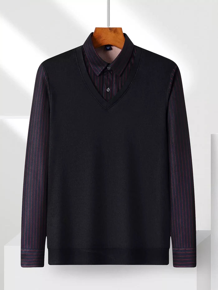 Men's Plus Size Striped Long Sleeve Fake Two-Piece Knit Top