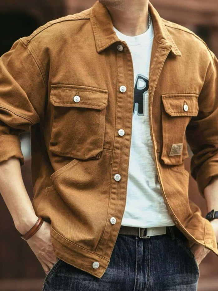 Men's Washed Collared Neck Cargo Jacket for Stylish Comfort