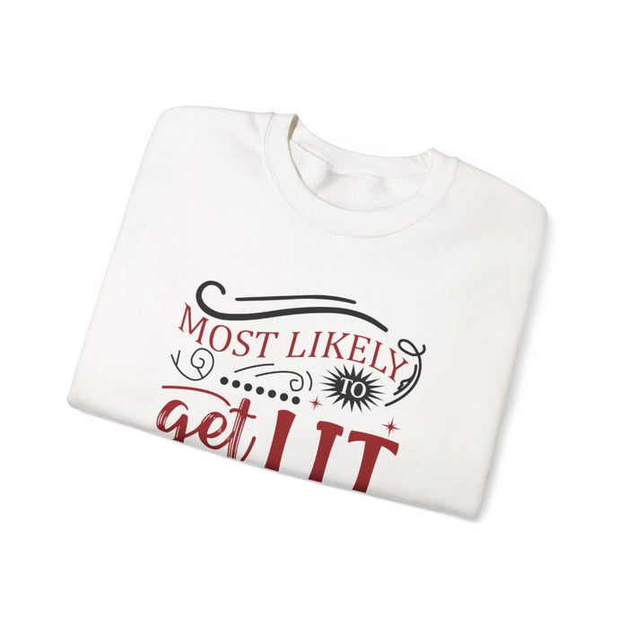 light pink sweatshirt with most likely to get lit christmas design lifestyle wear