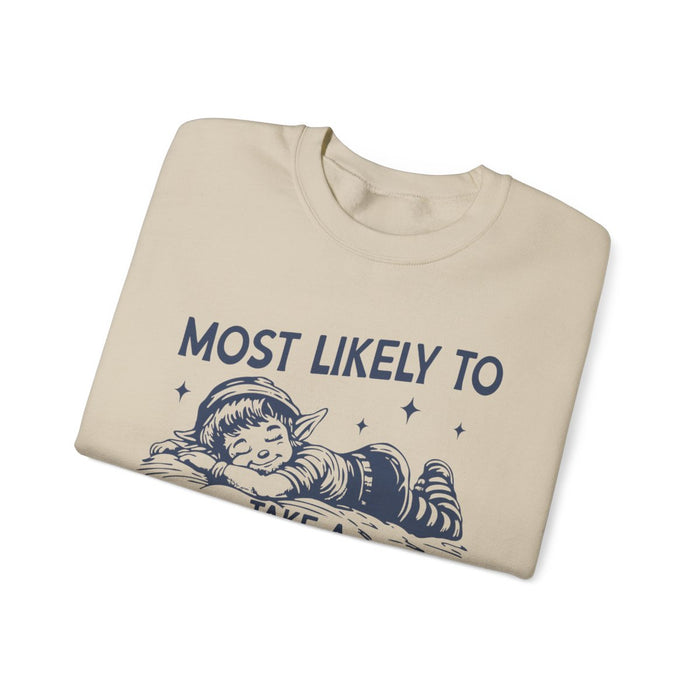 close-up of most likely to take a christmas nap print on soft sweatshirt fabric