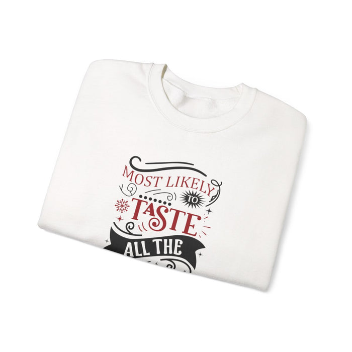 light pink Christmas sweatshirt close-up showing bold wine and food gift design
