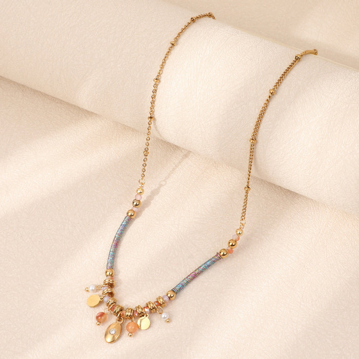 Natural Stone Beaded Necklace Color Handmade Winding Titanium Steel Clavicle Chain