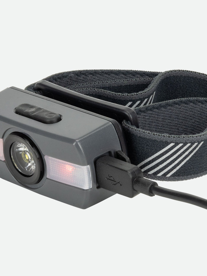 color:Charcoal||seo:Nathan Neutron Fire RX 2.0 Runner's Headlamp – Charcoal - USB Plugged In (Charging) Detail Shot