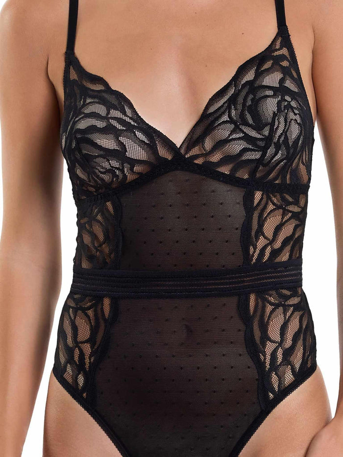 &oh™ Glamorous Grunge Bodysuit Black - Close-Up Detail, Faux Corset Elastic Trim & Sheer Floral Lace | Hanky Panky