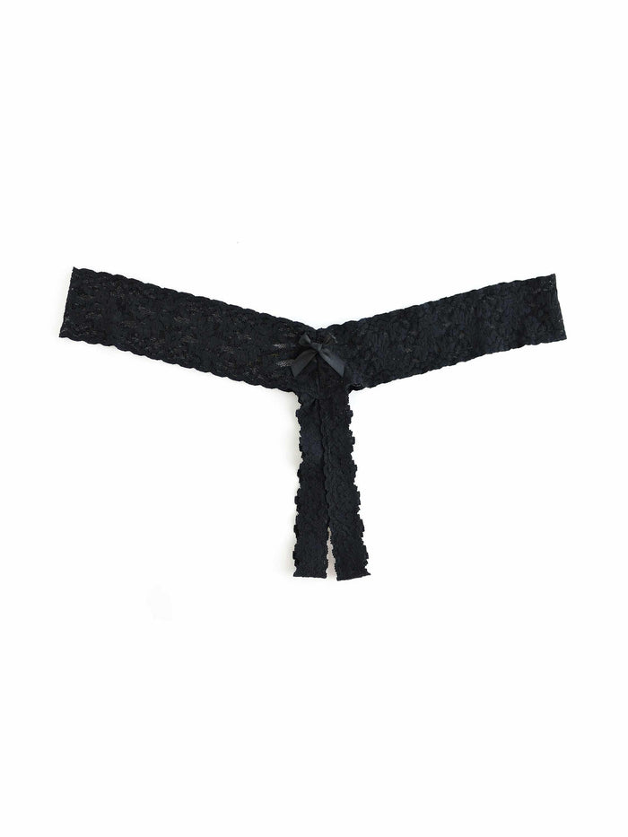 Black Signature Lace Crotchless Thong Open Gusset & Satin Bow Detail - Flat Lay | Hanky Panky