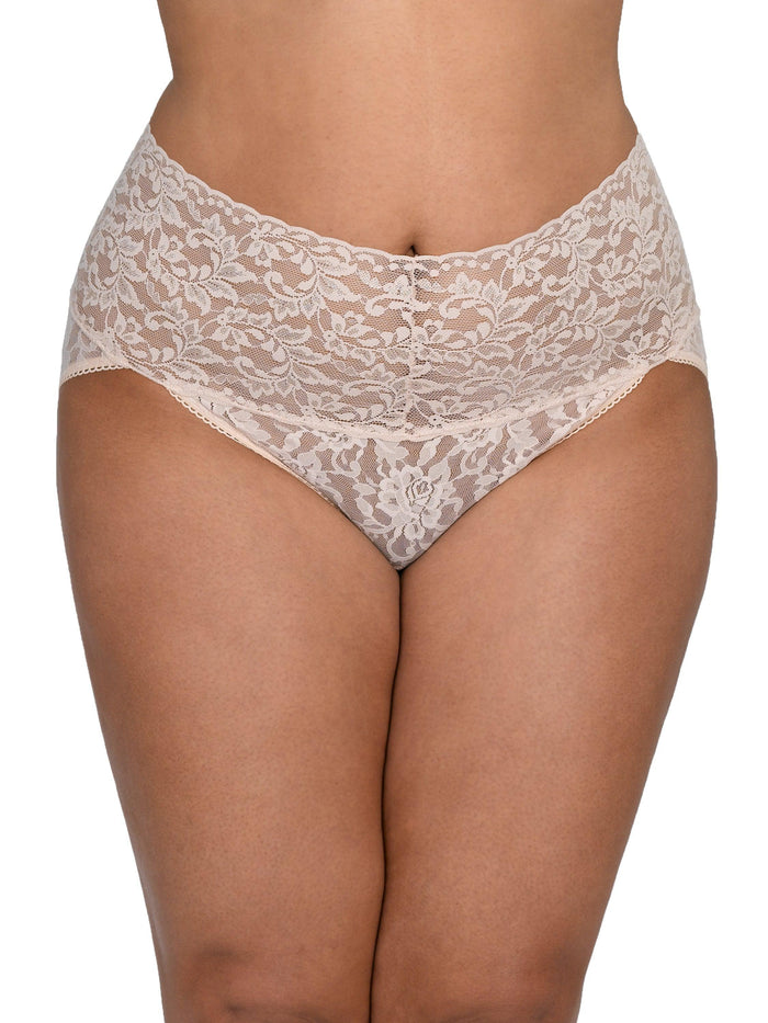 Chai Plus Size Retro Lace V-kini - Front View, Wide Floral Lace Waistband On Model | Hanky Panky