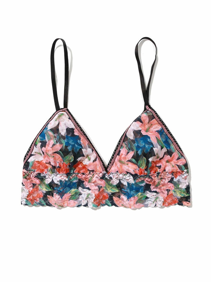 Floral Print Signature Lace® Padded Triangle Bralette Wonderous Black - Flat Lay, Scalloped Lace Hem Detail | Hanky Panky