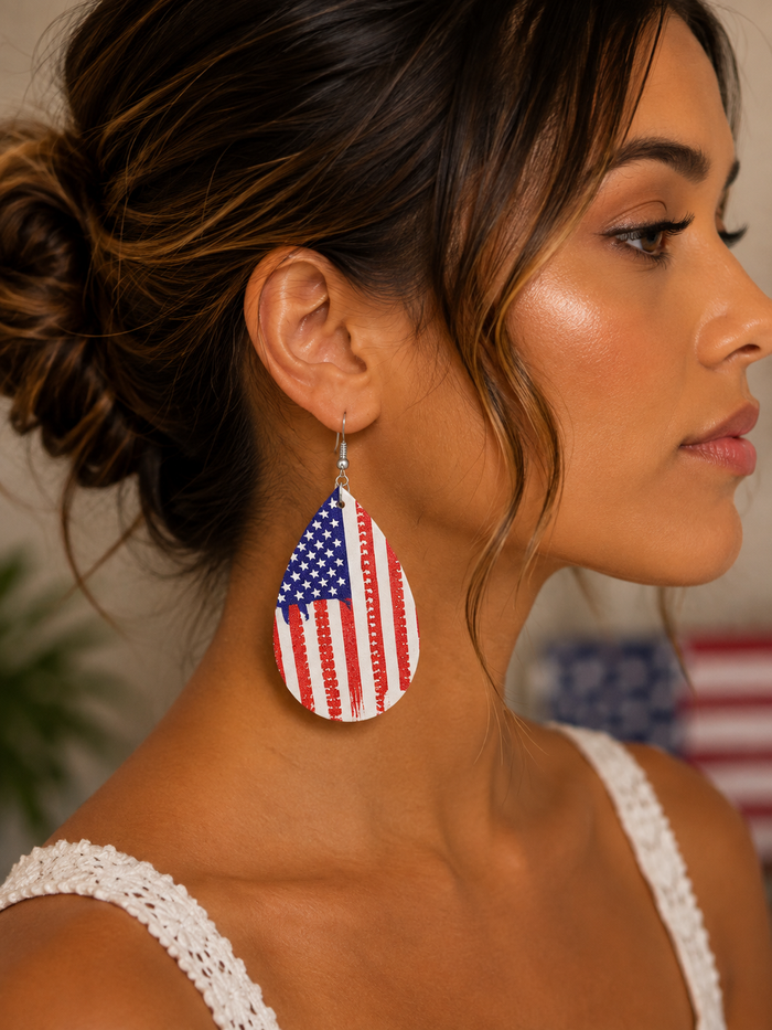 PU Leather US Flag Teardrop Shape Earrings