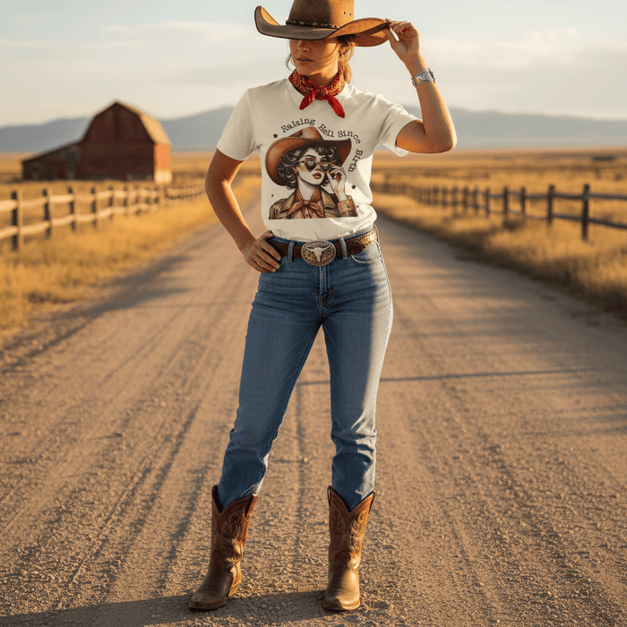 raising hell since birth cowgirl t-shirt gift packaging