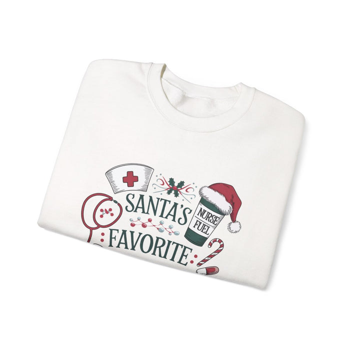 close-up of Santa's Favorite Nurse Christmas design on soft sweatshirt fabric