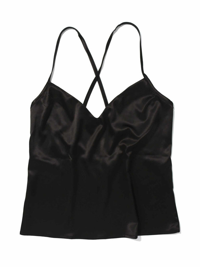 Black Stretch Satin Sleep Cami Crossback Straps, Flat Lay Front View | Hanky Panky