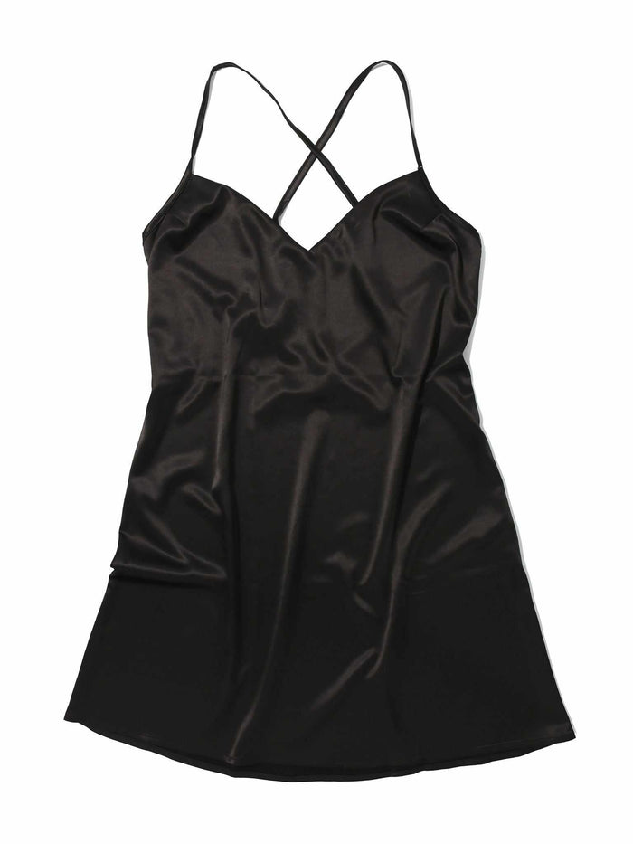 Black Satin Sleep Chemise Cross-Back Mini Slip - Flat Lay | Hanky Panky