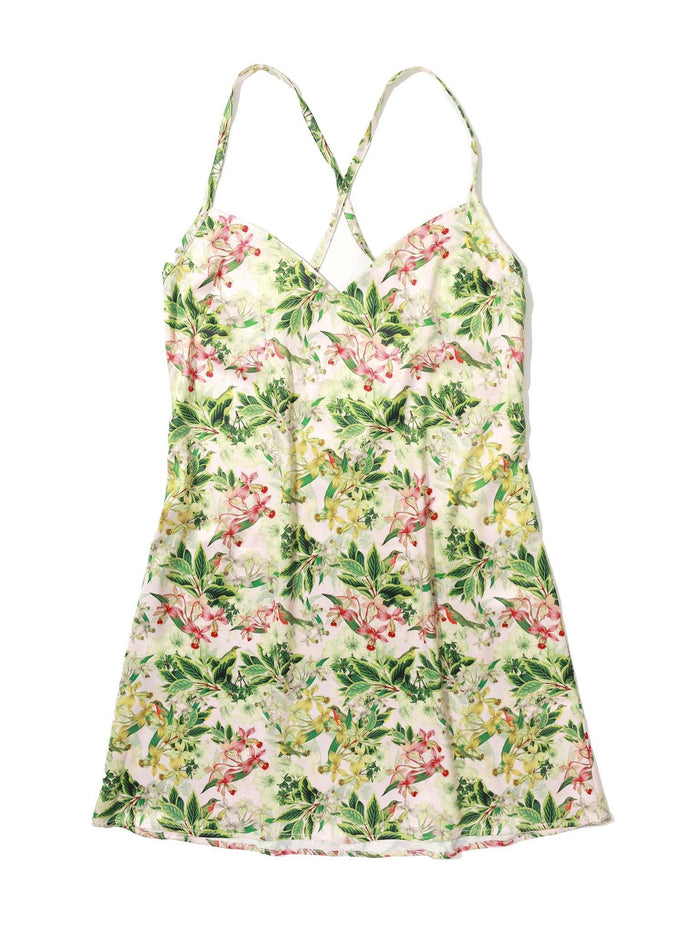 French Garden Floral Satin Nightgown - Flat Lay, Full Silhouette & Cross-Back Strap Detail | Hanky Panky