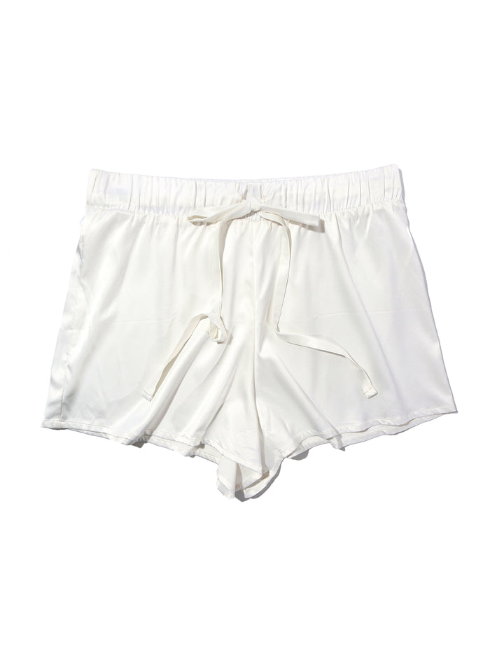 Light Ivory Satin Women's Drawstring Sleep Short - Flat Lay | Hanky Panky