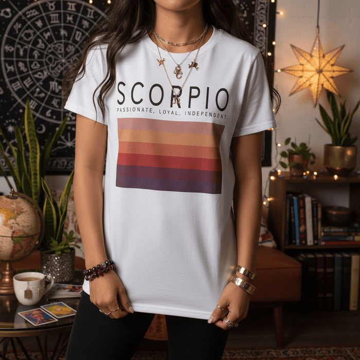 natural t-shirt with scorpio zodiac graphic available in multiple colours