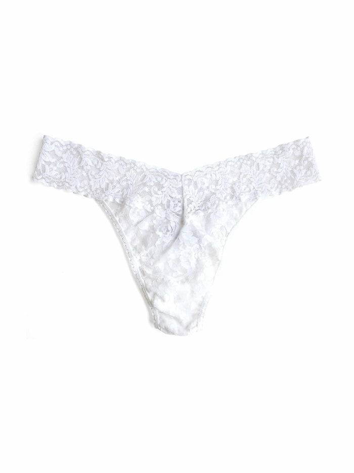 Signature Lace® Original Rise Thong White - Flat Lay Front, Floral Lace Detail | Hanky Panky
