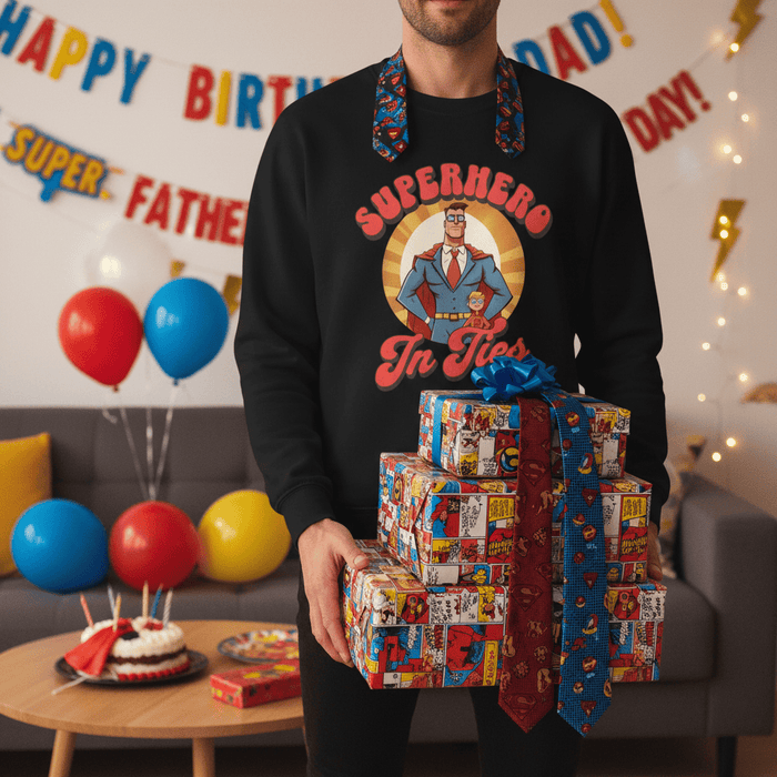 superhero in ties sweatshirt gift idea packaging detail