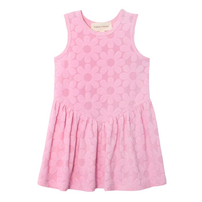Pink textured floral sleeveless dress for girls on white background