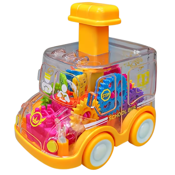 Toy school bus with colorful gears and transparent body on a white background