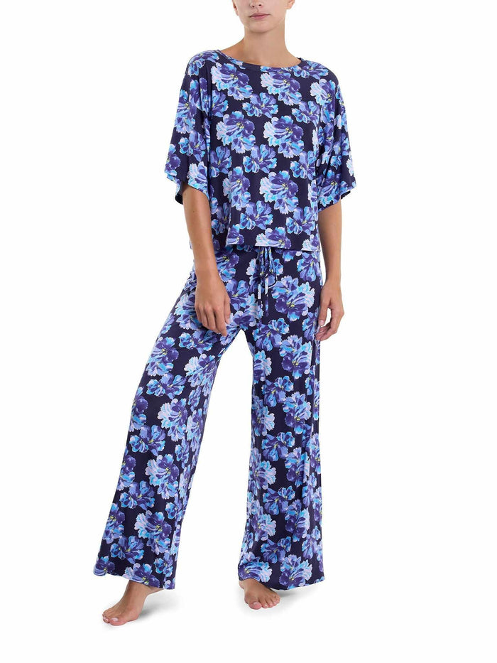 Unwind Tee Nightfall Purple floral lounge top styled with matching wide-leg pants - Full Length | Hanky Panky