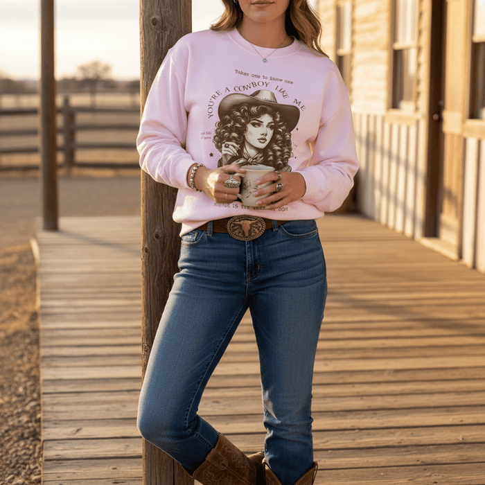 you're a cowboy like me sweatshirt gift presentation with western cowgirl theme