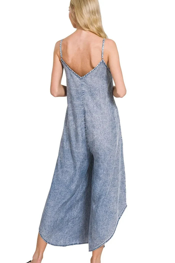 Zenana Lyocell Acid-Washed Wide-Leg Jumpsuit